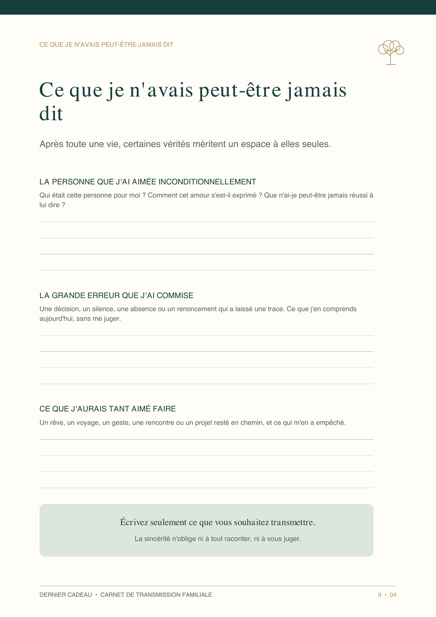 Page du carnet consacrée aux souvenirs et aux mots que l’on souhaite transmettre